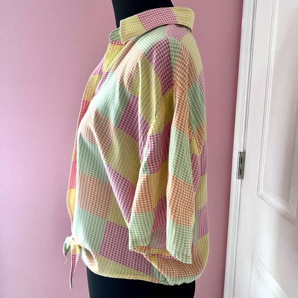 Vintage JORDACHE Short Sleeve Gingham Tie Front Button Down Women’s Size Large - Picture 5 of 7